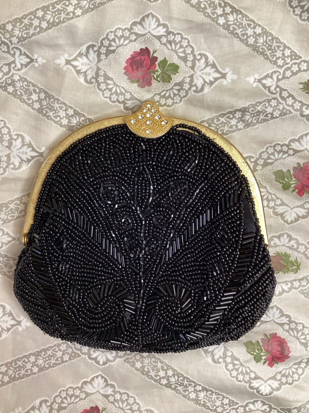 Nordstrom Black Beaded Evening Clutch with Gold-Tone Frame